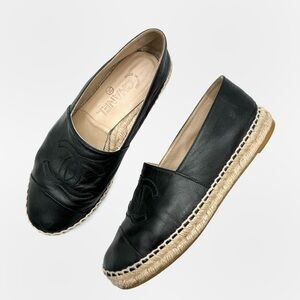 Chanel Black Logo Lambskin Leather Espadrille Sandals Flats Shoes